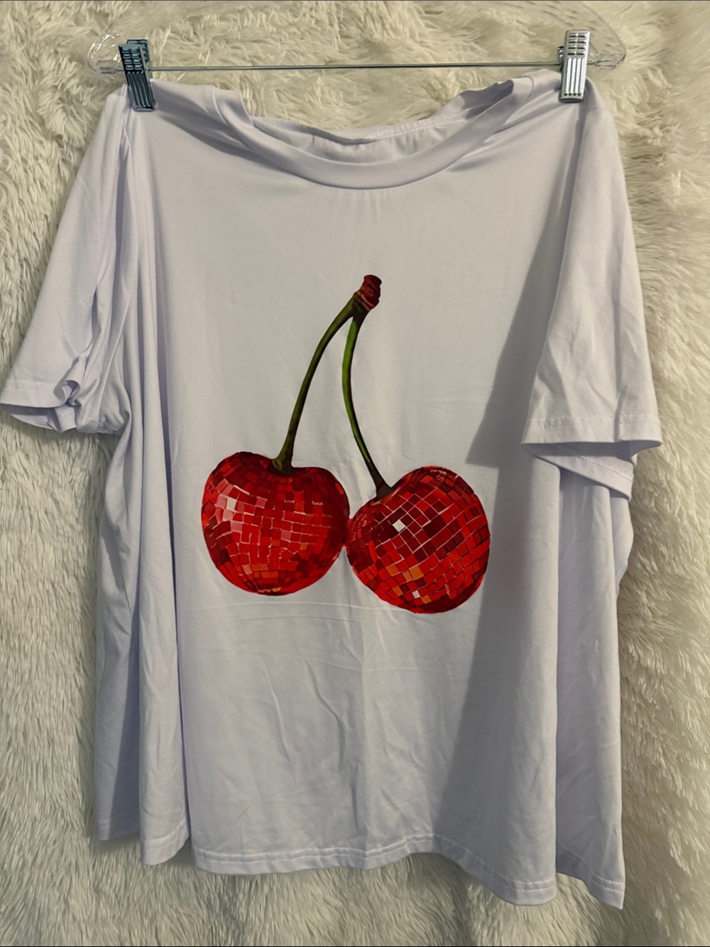 SHEIN White Tee with Red Cherry Mosaic Graphic